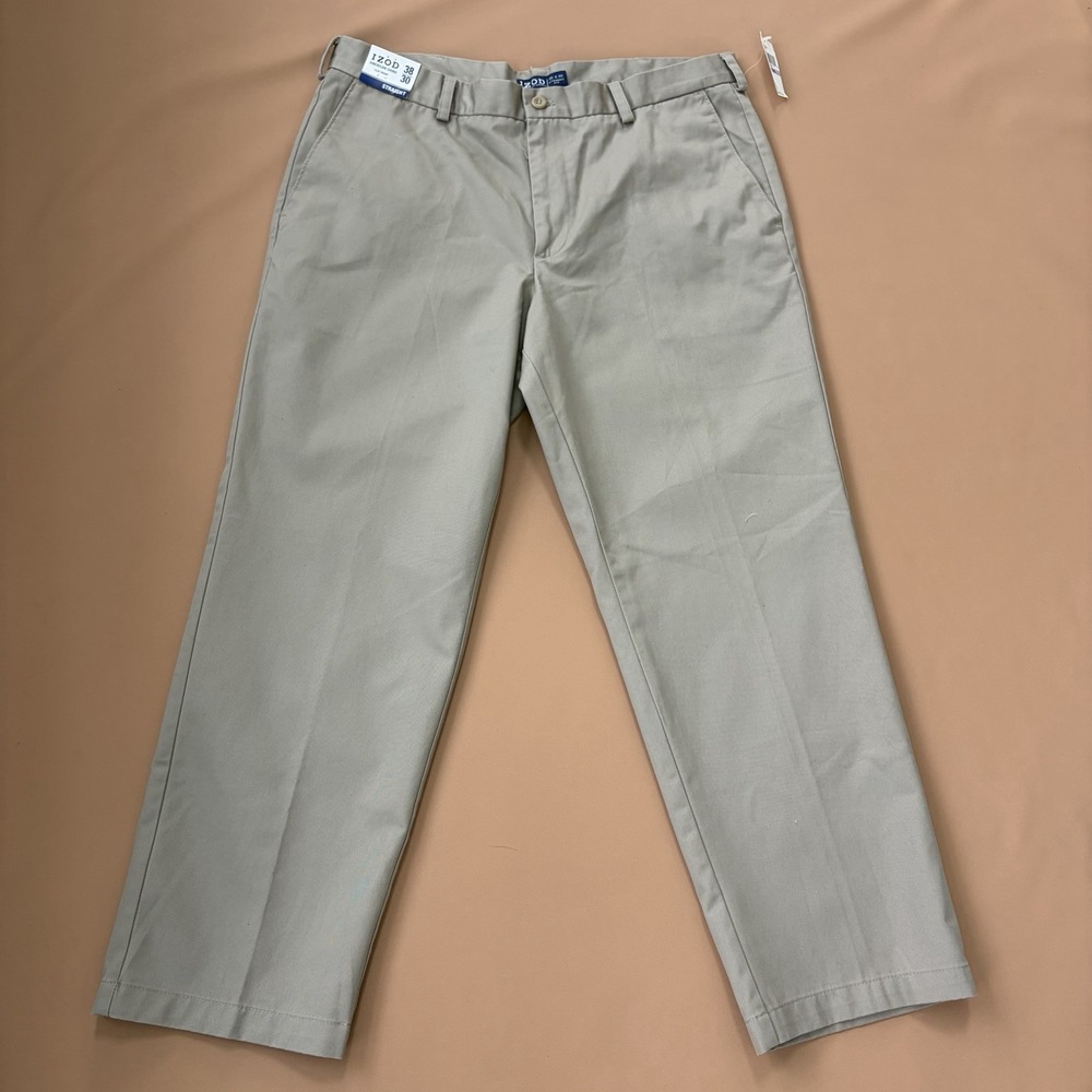 IZOD American Chino Pants Mens 38x30 (29) Khaki Straight Fit Flat Front New Golf